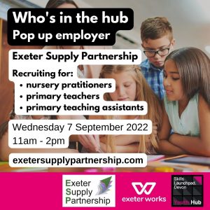 Who's in the hub pop up employer information image. The image shows primary school aged children being supported by a teacher.
