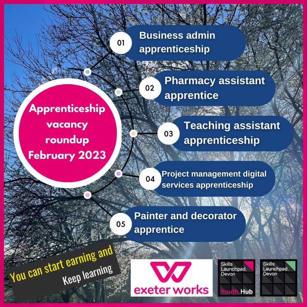 A tree with blossom is pictured in silhouette by the sun. Details of apprenticeship vacancies are detailed.