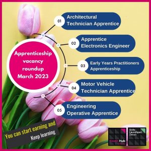 Pale pink tulips appear on a pale yellow background. Details of apprenticeship vacancies are detailed.