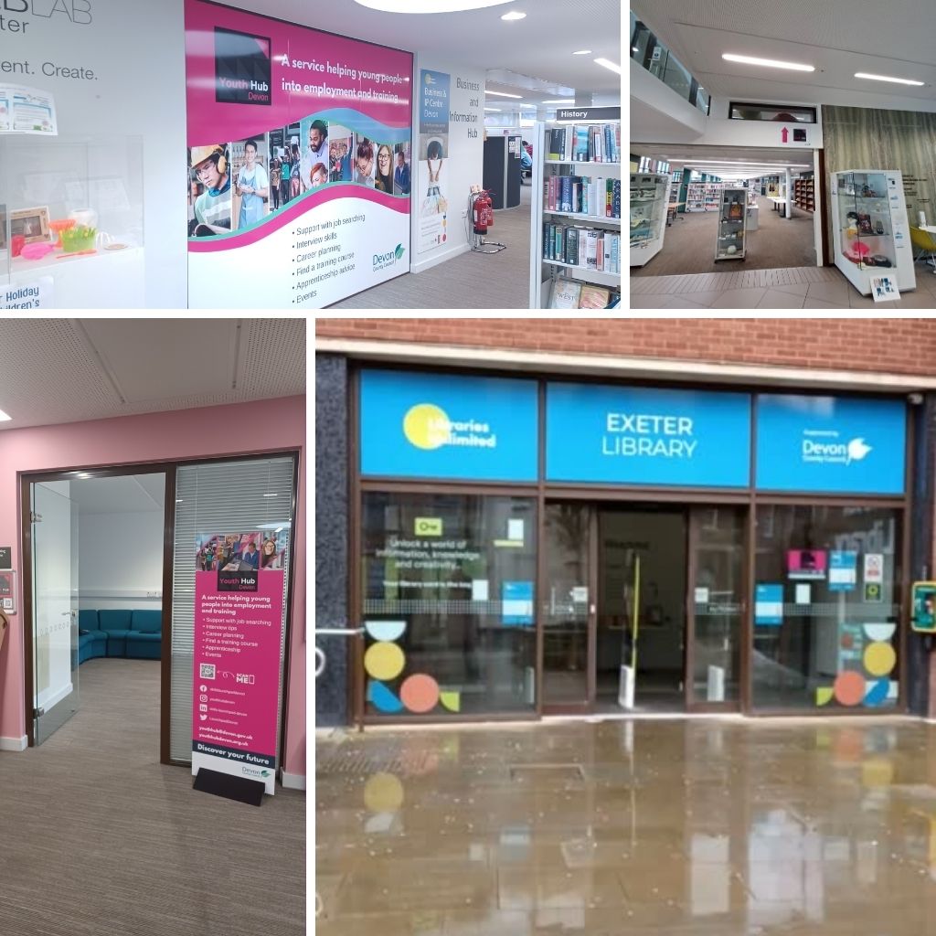 The Entrance to Exeter Library is shown alongside images of Youth Hub Devon signage in Exeter Library.